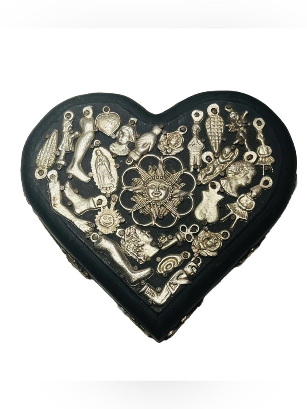 Milagros Handcrafted wooden Heart Wall Plaque with Silver Charm Accents - Black